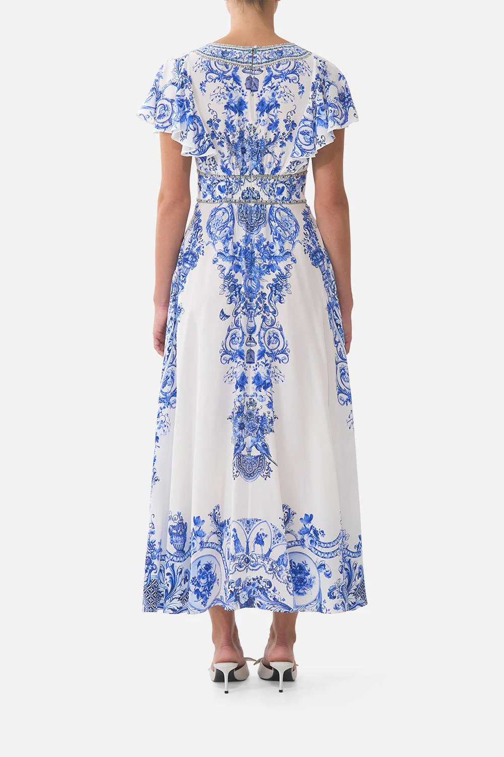 WAISTED MIDI DRESS WITH FLUTTER SLEEVE CERAMIC PANORAMIC - Image 2
